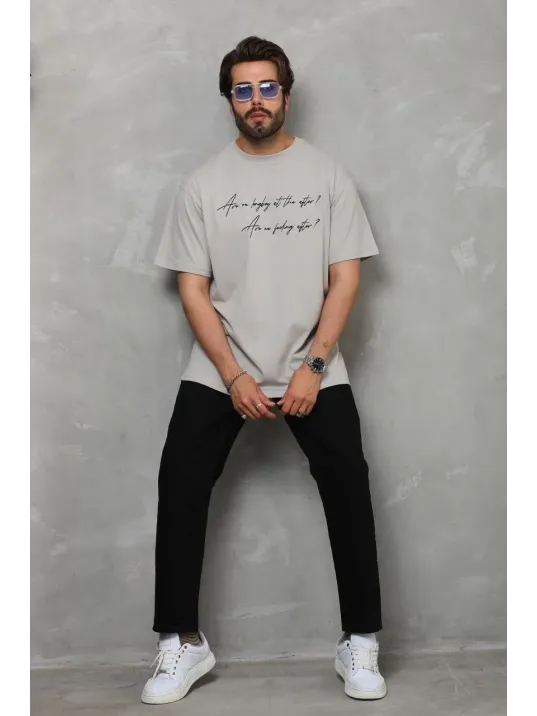 Unisex Bisiklet Yaka Baskılı Oversize T-shirt - Gri