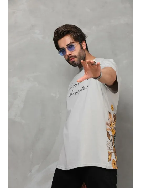 Unisex Bisiklet Yaka Baskılı Oversize T-shirt - Gri