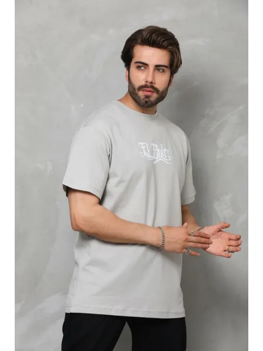 Unisex Bisiklet Yaka Baskılı Oversize T-Shirt - Gri