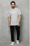 Unisex Bisiklet Yaka Baskılı Oversize T-shirt - Gri