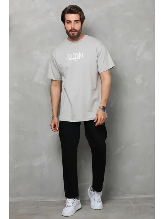 Unisex Bisiklet Yaka Baskılı Oversize T-Shirt - Gri