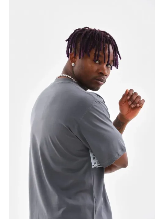 Unisex Bisiklet Yaka Baskılı Oversize T-Shirt - Gri