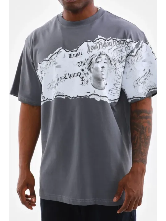 Unisex Bisiklet Yaka Baskılı Oversize T-Shirt - Gri Unisex Bisiklet Yaka Baskılı Oversize T-Shirt - Gri