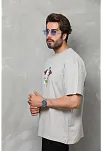 Unisex Bisiklet Yaka Baskılı Oversize T-shirt - Gri