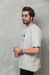 Unisex Bisiklet Yaka Baskılı Oversize T-shirt - Gri