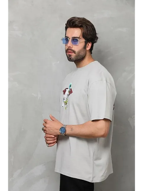 Unisex Bisiklet Yaka Baskılı Oversize T-shirt - Gri