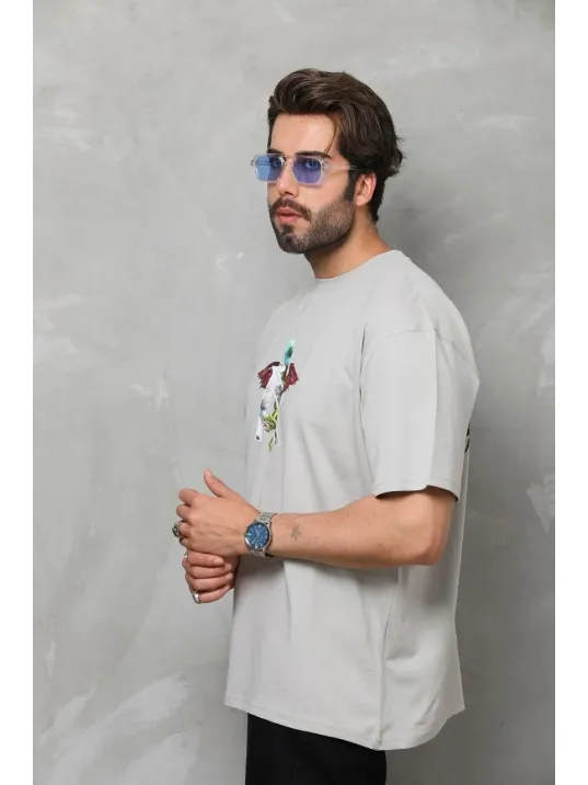 Unisex Bisiklet Yaka Baskılı Oversize T-Shirt - Gri Unisex Bisiklet Yaka Baskılı Oversize T-Shirt - Gri