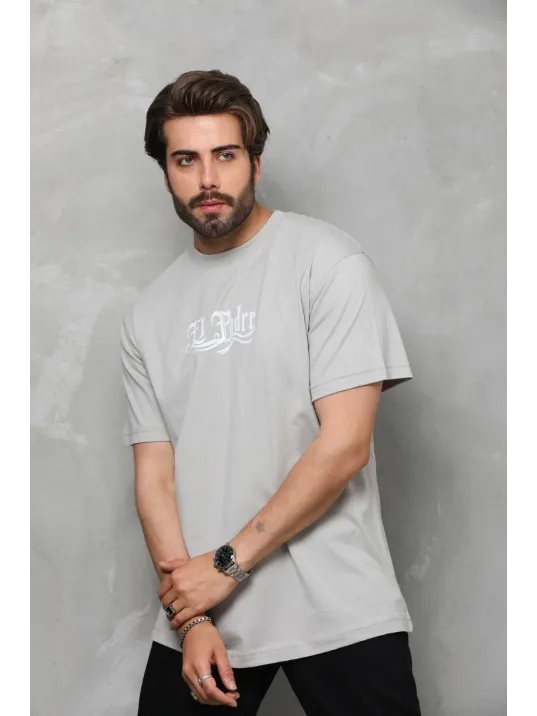 Unisex Bisiklet Yaka Baskılı Oversize T-Shirt - Gri