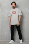 Unisex Bisiklet Yaka Baskılı Oversize T-shirt - Gri