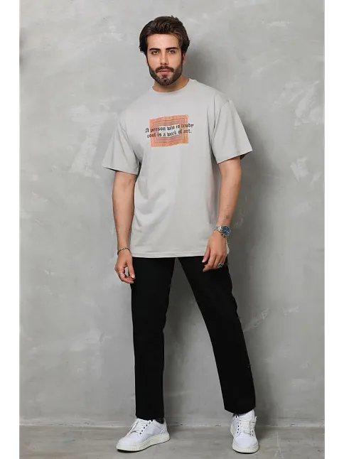 Unisex Bisiklet Yaka Baskılı Oversize T-shirt - Gri