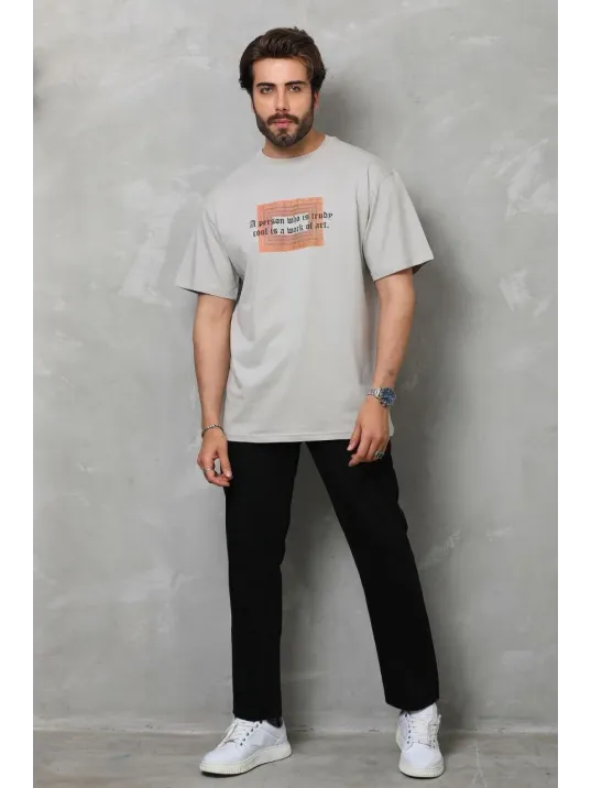 Unisex Bisiklet Yaka Baskılı Oversize T-Shirt - Gri Unisex Bisiklet Yaka Baskılı Oversize T-Shirt - Gri