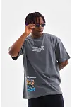 Unisex Bisiklet Yaka Baskılı Oversize T-shirt - Gri