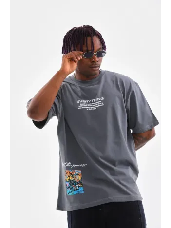 Unisex Bisiklet Yaka Baskılı Oversize T-Shirt - Gri Unisex Bisiklet Yaka Baskılı Oversize T-Shirt - Gri