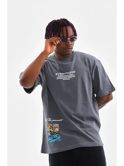 Unisex Bisiklet Yaka Baskılı Oversize T-shirt - Gri