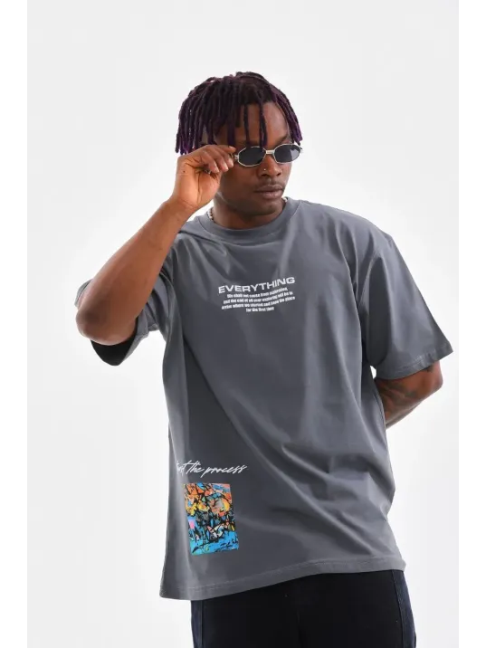 Unisex Bisiklet Yaka Baskılı Oversize T-Shirt - Gri Unisex Bisiklet Yaka Baskılı Oversize T-Shirt - Gri