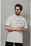 Unisex Bisiklet Yaka Baskılı Oversize T-shirt - Gri
