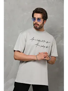 Unisex Bisiklet Yaka Baskılı Oversize T-shirt - Gri