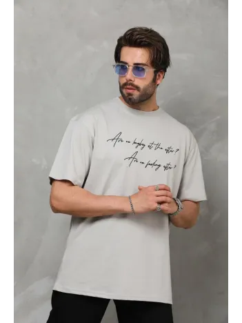 Unisex Bisiklet Yaka Baskılı Oversize T-shirt - Gri
