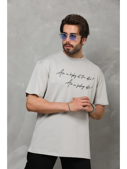 Unisex Bisiklet Yaka Baskılı Oversize T-shirt - Gri