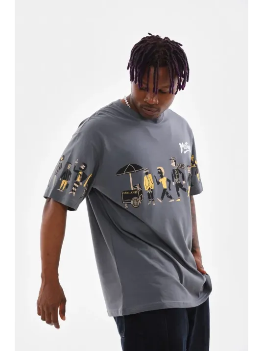 Unisex Bisiklet Yaka Baskılı Oversize T-Shirt - Gri Unisex Bisiklet Yaka Baskılı Oversize T-Shirt - Gri