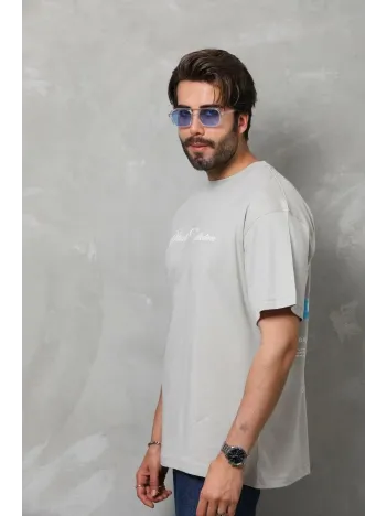 Unisex Bisiklet Yaka Baskılı Oversize T-shirt - Gri