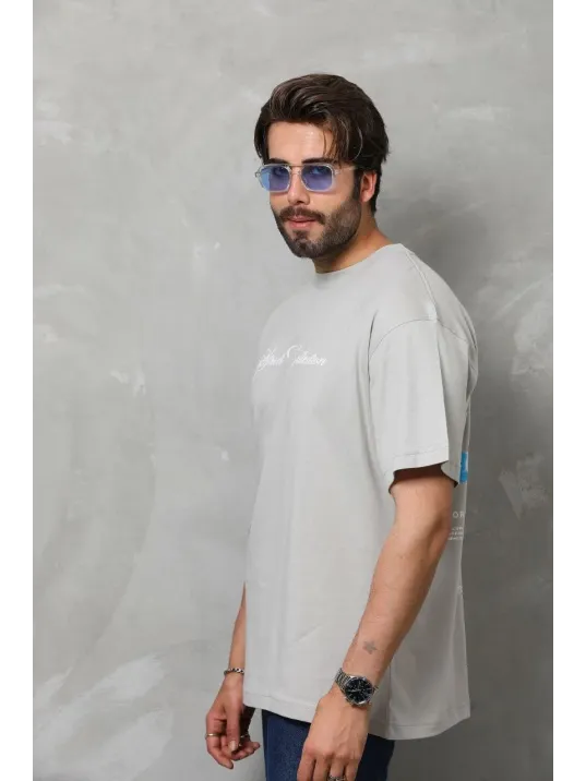 Unisex Bisiklet Yaka Baskılı Oversize T-shirt - Gri