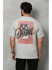 Unisex Bisiklet Yaka Baskılı Oversize T-shirt - Gri