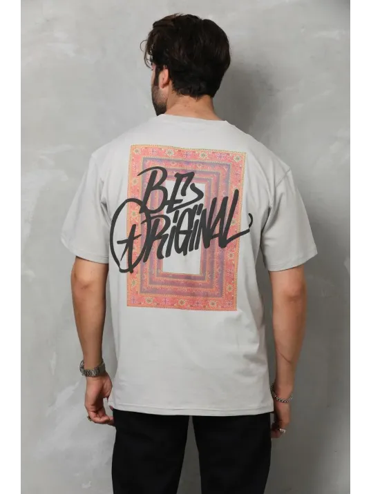 Unisex Bisiklet Yaka Baskılı Oversize T-Shirt - Gri Unisex Bisiklet Yaka Baskılı Oversize T-Shirt - Gri