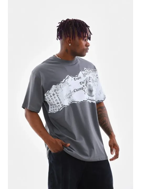 Unisex Bisiklet Yaka Baskılı Oversize T-Shirt - Gri