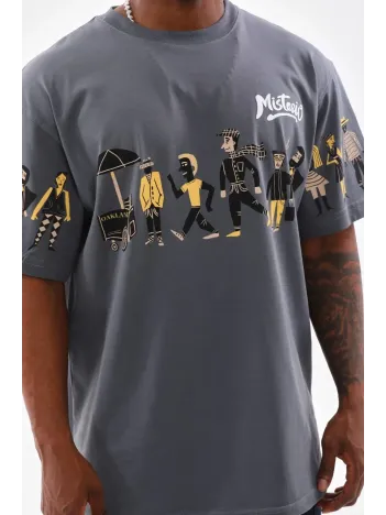 Unisex Bisiklet Yaka Baskılı Oversize T-Shirt - Gri Unisex Bisiklet Yaka Baskılı Oversize T-Shirt - Gri