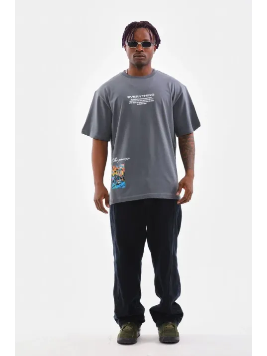 Unisex Bisiklet Yaka Baskılı Oversize T-Shirt - Gri Unisex Bisiklet Yaka Baskılı Oversize T-Shirt - Gri
