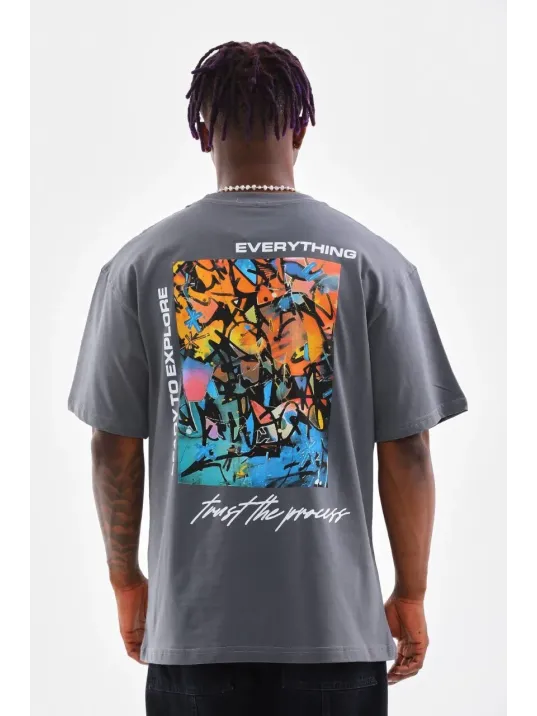 Unisex Bisiklet Yaka Baskılı Oversize T-Shirt - Gri Unisex Bisiklet Yaka Baskılı Oversize T-Shirt - Gri