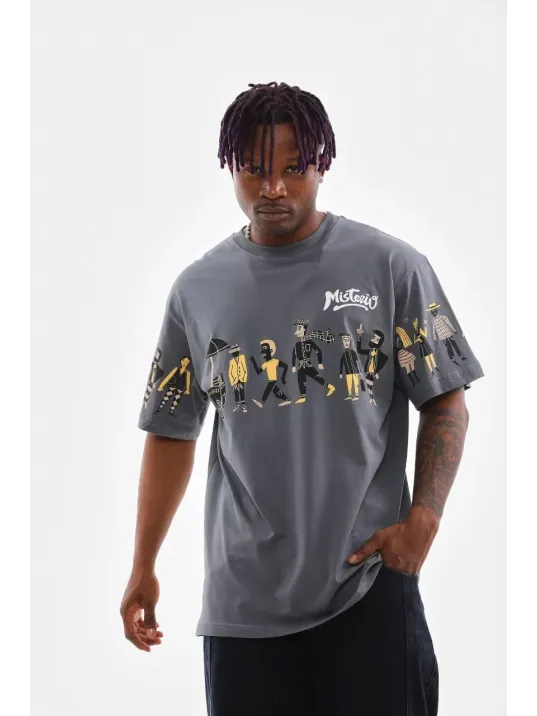 Unisex Bisiklet Yaka Baskılı Oversize T-Shirt - Gri Unisex Bisiklet Yaka Baskılı Oversize T-Shirt - Gri