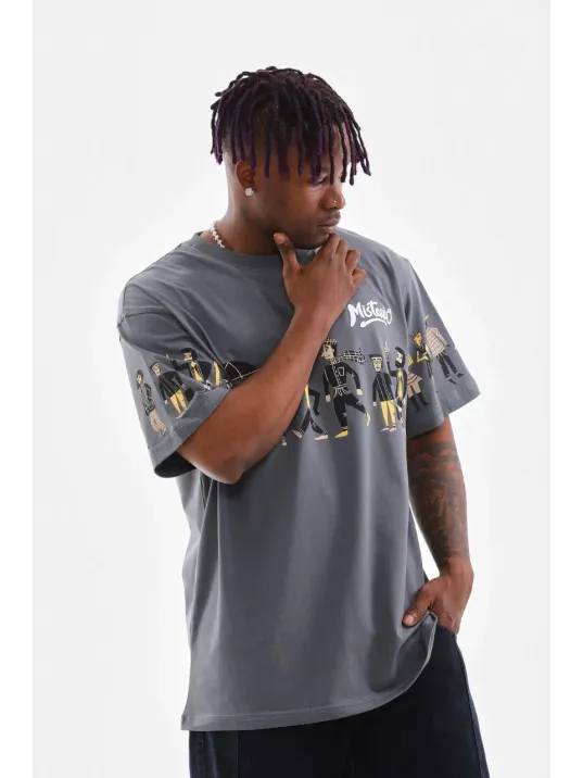 Unisex Bisiklet Yaka Baskılı Oversize T-Shirt - Gri Unisex Bisiklet Yaka Baskılı Oversize T-Shirt - Gri