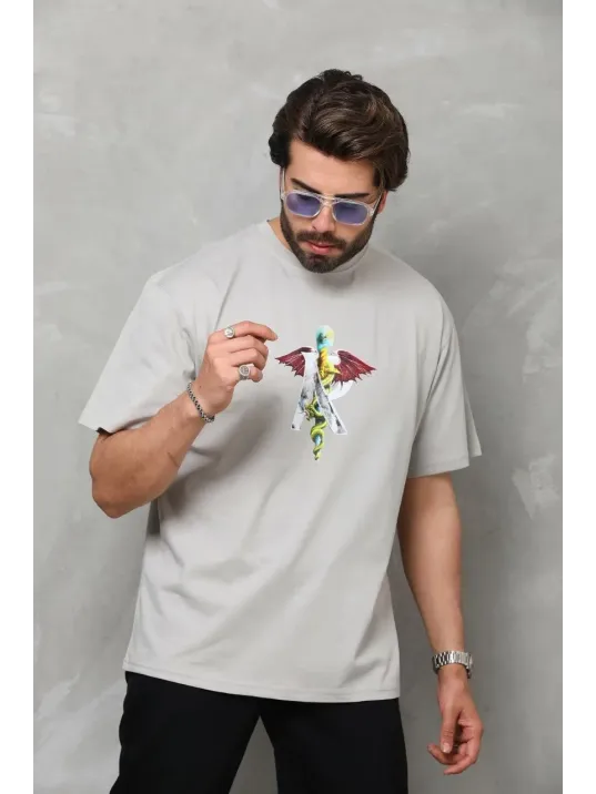 Unisex Bisiklet Yaka Baskılı Oversize T-Shirt - Gri Unisex Bisiklet Yaka Baskılı Oversize T-Shirt - Gri