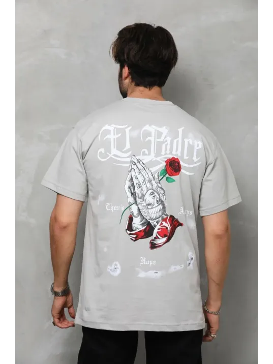 Unisex Bisiklet Yaka Baskılı Oversize T-Shirt - Gri