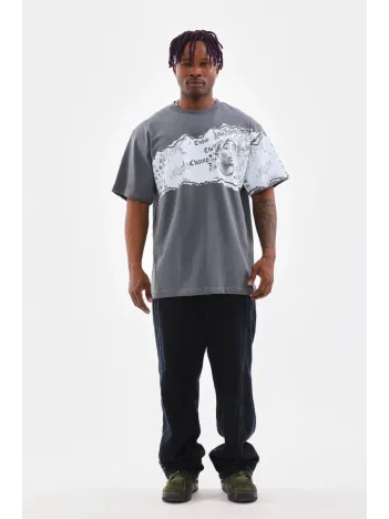 Unisex Bisiklet Yaka Baskılı Oversize T-Shirt - Gri Unisex Bisiklet Yaka Baskılı Oversize T-Shirt - Gri