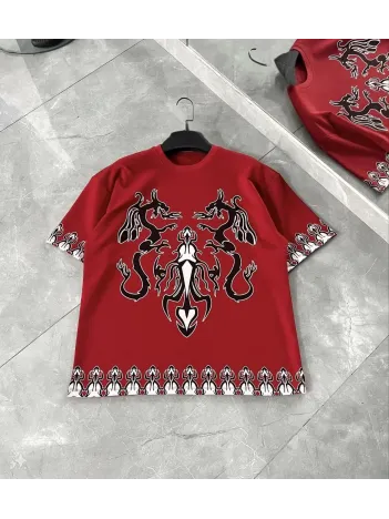 Unisex Bisiklet Yaka Baskılı Oversize T-Shirt - Kırmızı Unisex Bisiklet Yaka Baskılı Oversize T-Shirt - Kırmızı