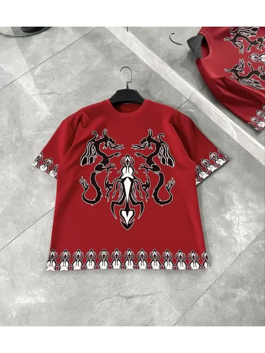 Unisex Bisiklet Yaka Baskılı Oversize T-Shirt - Kırmızı Unisex Bisiklet Yaka Baskılı Oversize T-Shirt - Kırmızı