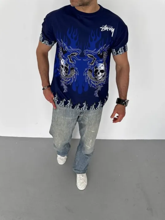 Unisex Bisiklet Yaka Baskılı Oversize T-Shirt - Lacivert Unisex Bisiklet Yaka Baskılı Oversize T-Shirt - Lacivert