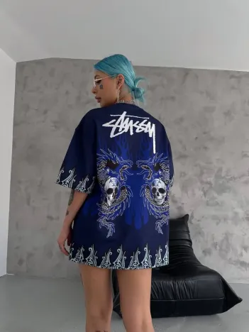 Unisex Bisiklet Yaka Baskılı Oversize T-Shirt - Lacivert Unisex Bisiklet Yaka Baskılı Oversize T-Shirt - Lacivert