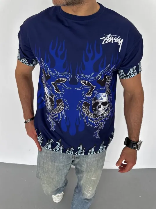 Unisex Bisiklet Yaka Baskılı Oversize T-Shirt - Lacivert Unisex Bisiklet Yaka Baskılı Oversize T-Shirt - Lacivert