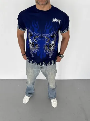 Unisex Bisiklet Yaka Baskılı Oversize T-Shirt - Lacivert Unisex Bisiklet Yaka Baskılı Oversize T-Shirt - Lacivert