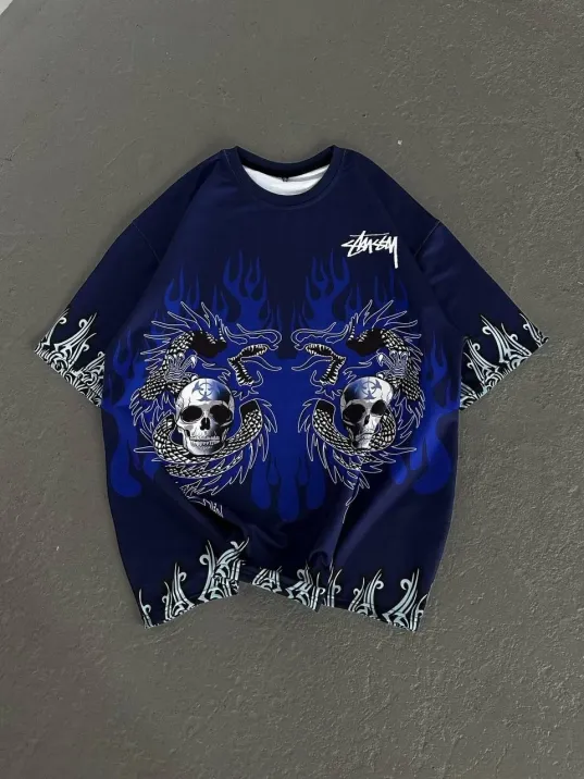 Unisex Bisiklet Yaka Baskılı Oversize T-Shirt - Lacivert Unisex Bisiklet Yaka Baskılı Oversize T-Shirt - Lacivert