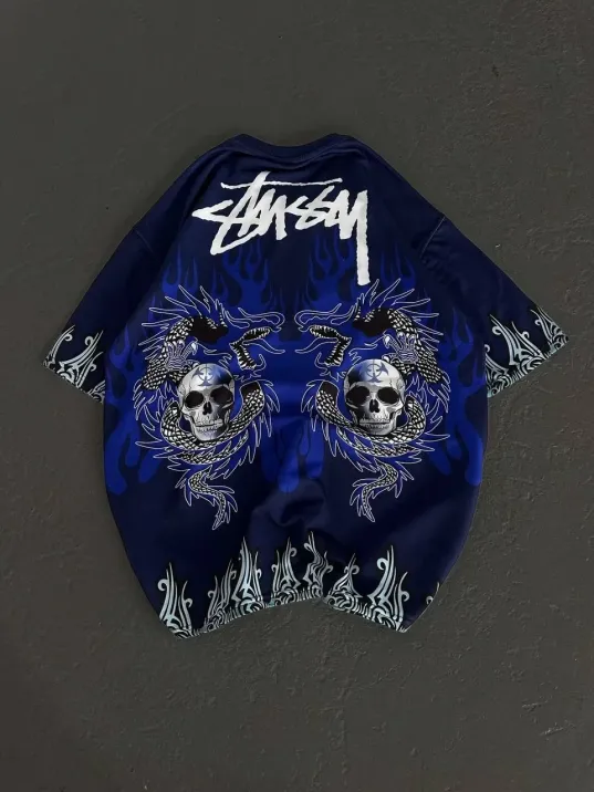 Unisex Bisiklet Yaka Baskılı Oversize T-Shirt - Lacivert Unisex Bisiklet Yaka Baskılı Oversize T-Shirt - Lacivert