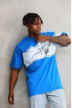 Unisex Bisiklet Yaka Baskılı Oversize T-shirt - Mavi