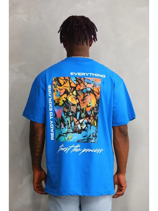 Unisex Bisiklet Yaka Baskılı Oversize T-Shirt - Mavi Unisex Bisiklet Yaka Baskılı Oversize T-Shirt - Mavi