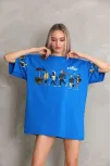 Unisex Bisiklet Yaka Baskılı Oversize T-shirt - Mavi