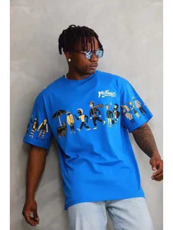 Unisex Bisiklet Yaka Baskılı Oversize T-Shirt - Mavi Unisex Bisiklet Yaka Baskılı Oversize T-Shirt - Mavi