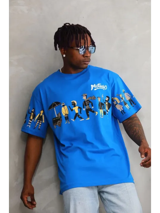 Unisex Bisiklet Yaka Baskılı Oversize T-Shirt - Mavi Unisex Bisiklet Yaka Baskılı Oversize T-Shirt - Mavi